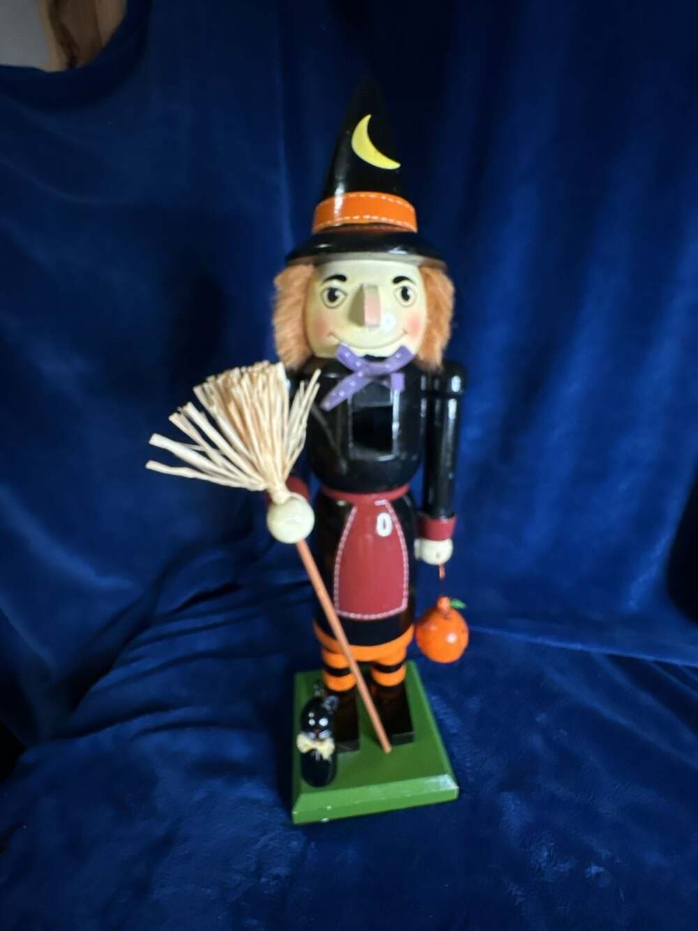 Wooden Halloween Witch Nutcracker with Broom, Pumpkin, and Black Cat Figure